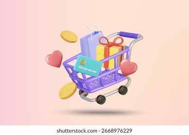 3D vector illustration render of shopping cart with bags, gift boxes and credit cards decorated with gold coins and hearts. Online shopping and payment concept. Discount promotion, marketing.