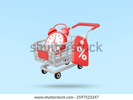 3D Vector Illustration Render of Shopping Cart Icon, Discount Coupon and Alarm Clock. Shopping concept to catch up with promotion. Shopping through cart as soon as possible. Purchase decision.