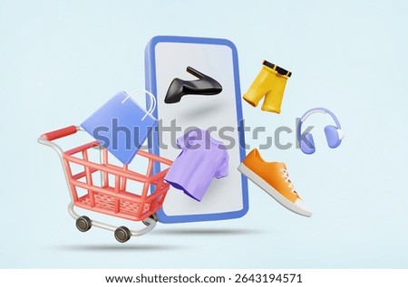 3D Vector Illustration Render Shopping Cart With Clothes, Pants, Shoes, Headphones And Shopping Bags Floating From Mobile Phone Screen. Fashion Online Shopping Concept. App. Variety Of Products.