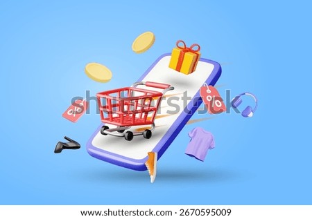 3D vector illustration render of shopping cart jumping out of smartphone screen. Gift, gold coin, discount sign, delivery speed concept, online ordering, for ecommerce, promotion, express.