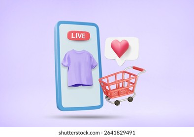 3D Vector Illustration Render of T-shirt on Hand Screen, LIVE Sign, Shopping Cart and Message Bubble with Heart. Online Clothing Sales Concept, Real Time Shopping, Comment and Like.