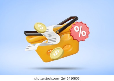 3D vector illustration render of yellow shopping basket with silver coin receipt and discount percentage sign, coupon, conveying the concept of total order and special discount campaign.