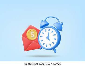 3D Vector Illustration Rendering Alarm Clock Icon, Money Envelope and Coins. Pre-planned Saving Money Envelope Concept. Budgeting, Monthly Expenses, Target Savings for Effective Financial Management.