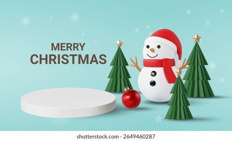 3D Vector Illustration Rendering of Christmas Scene. Snowman with Santa Hat, Christmas Tree, Star and Ball. Text “Merry Christmas”. Snow Fall. Greeting Card, Poster. In Winter Season.