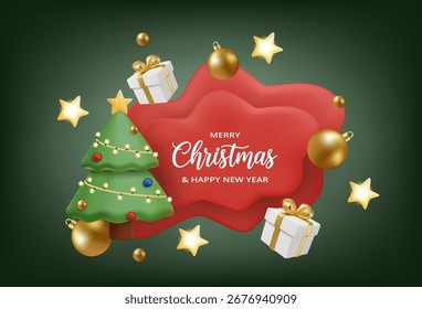 Ilustração vetorial 3D renderização de uma árvore de Natal decorada com estrelas de ouro, um sinal vermelho com o texto Feliz Natal e presentes. Ambiente quente para cartazes de férias e cartões de felicitações.