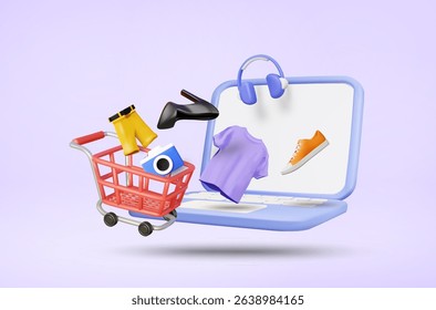 3D Vector Illustration Rendering of Clothes, Pants, Shoes, Headphones and Camera Floating Out of Laptop Screen, Towards Shopping Cart, Complete Online Shopping Concept, Fashion and Lifestyle Products.