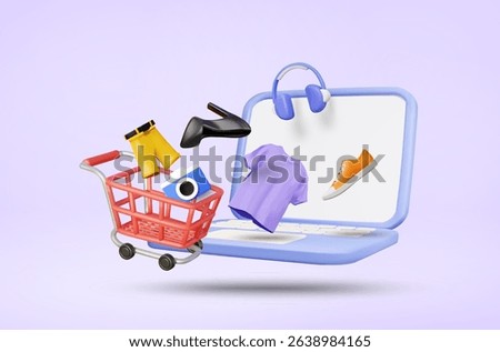 3D Vector Illustration Rendering of Clothes, Pants, Shoes, Headphones and Camera Floating Out of Laptop Screen, Towards Shopping Cart, Complete Online Shopping Concept, Fashion and Lifestyle Products.