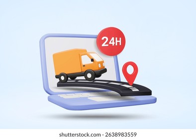 3D Vector Illustration Rendering of Delivery Truck Driving Out of Laptop Screen on Floating Road in Mid-Air to Destination Pin with 24H Sign. Online Transport Concept with Real Time Status Tracking.