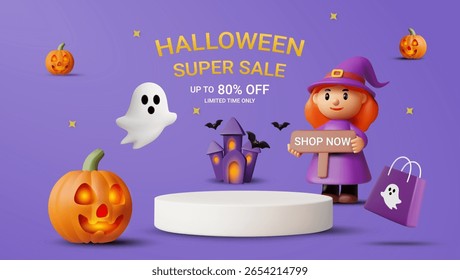 3D Vector Illustration Rendering of Halloween Pumpkin Stand, Floating Ghost, Castle, Flying Bats, Child Witch Holding “SHOP NOW” Sign, Bags, Text HALLOWEEN SUPER SALE UP TO 80% OFF, Festival Shopping