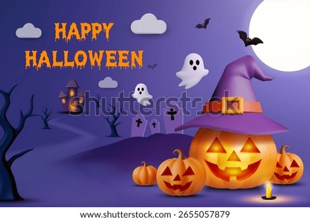 3D vector illustration rendering Halloween theme, showing a smiling Jack-o'-lantern pumpkin wearing a witch's hat, a graveyard, floating ghosts, flying bats and a haunted house, a moon, a dry tree.