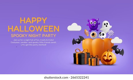Ilustração vetorial 3D renderização do anúncio de festa de Halloween Spooky Night feliz. Fundo roxo brilhante. Abóboras sorridentes, caixas de presente, morcegos, fantasmas, doces e monstros.