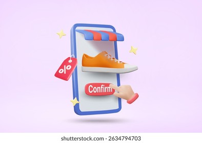Pantalla móvil de representación de Ilustración vectorial 3D que muestra zapatillas de deporte con signo de confirmación e ícono de mano del Hacer clic con signo de Cupón de descuento flotante. Concepto de Confirmación de Pedido. Compras en línea.