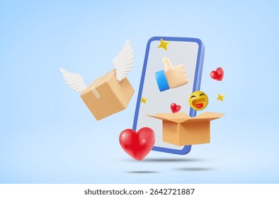 Ilustração vetorial 3D Renderização de telefone celular com caixa de encomendas, voando e aberto, rindo Emoji, coração, bloqueio e estrela. Compras on-line divertidas, Comentários, Satisfação, Sistema de entrega rápida de encomendas.