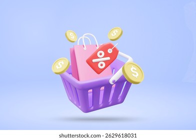 3D Vector Illustration Rendering Online Shopping Showing Shopping Cart and Shopping Bag with Discount Coupons and Dollar Coins Floating Around. Payment Concept with Privileges and Discounts.
