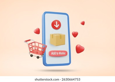3D Vector Illustration Rendering Online Shopping Showing Mobile Phone Screen With Parcel Box With Load Arrow Add to Cart, Add to Wishlist Sign Surrounded By Shopping Cart And Heart.