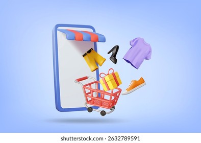 3D Vector Illustration Rendering Online Store On Mobile Screen. Shopping Cart Floating On Screen With Gift Box, Clothes And Shoes. Concept Of Shopping Various Products Through Shopping App.