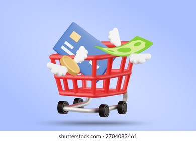 Ilustração vetorial 3D renderização de conceito de compras on-line e pagamento rápido com cartão de crédito. Dinheiro com asas e carrinho de compras. Transação de comércio móvel e liberdade de gastos.