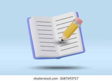 3D vector illustration rendering of an open book and pencil, representing learning, writing, and knowledge transfer. Concept of education and skill development with intention and creativity.