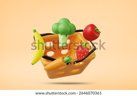 3D Vector Illustration Rendering of Orange Shopping Basket Floating in the Air. Inside are Vegetables and Fruits, Broccoli, Banana, Carrot, Apple and Strawberry. Fresh Grocery Shopping, Online.