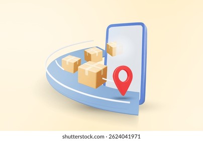 3D vector illustration rendering of parcel boxes floating off mobile phone screen, arranged in rows on a sliding track at high speed, with pins indicating delivery location. Online shipping concept.