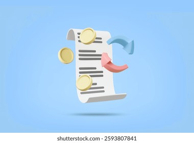 3D Vector Illustration Rendering Red-Blue Spiral Arrow Icon with Curved Invoice and Golden Coin. Money Transfer Concept. Shows Money Transfer, Invoice and Financial Transaction. For Finance, Business