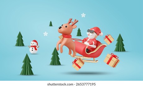 3D vector illustration rendering of Santa Claus wearing sunglasses, riding a sleigh pulled by reindeer in mid-air with floating gifts, Christmas tree, snowman. Bright and fun Christmas atmosphere.