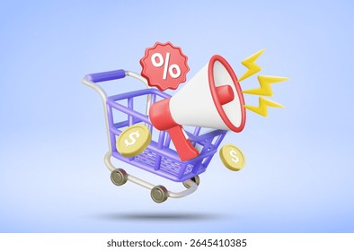 3D vector illustration rendering of shopping cart, silver coins, discount percentage sign and megaphone, conveying the concept of announcing a special discount and promotion campaign.