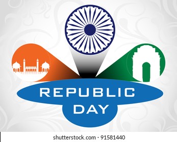 Ilustración vectorial 3D para el Día de la República con rueda Asoka, Puerta de la India y Fuerte Rojo con espacio de copia de texto.