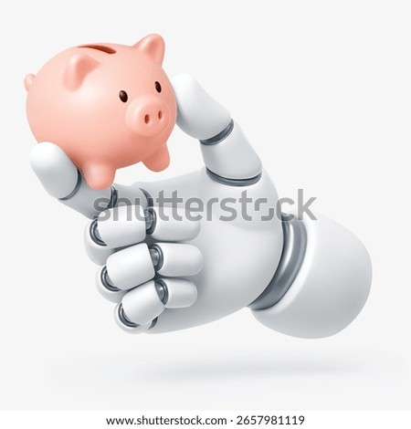 3D vector illustration of a robotic hand holding a piggy bank, symbolizing AI-powered savings planning, investment strategies, and smart financial technology.