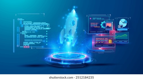 Ilustração vetorial em 3D de um lançamento de foguete rodeado por interfaces digitais, gráficos de dados e elementos de codificação, simbolizando o crescimento, a tecnologia e a inovação das start-ups