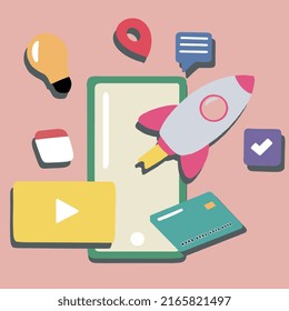 3d vector illustration of  rocket, software, web development and infographic on blue or pink background