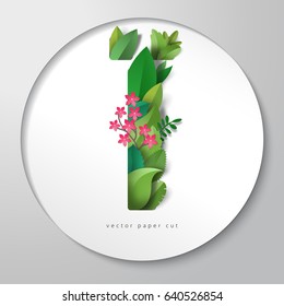 3d vector illustration with round paper with Cyrillic letter. Leaves and flowers. Paper art.