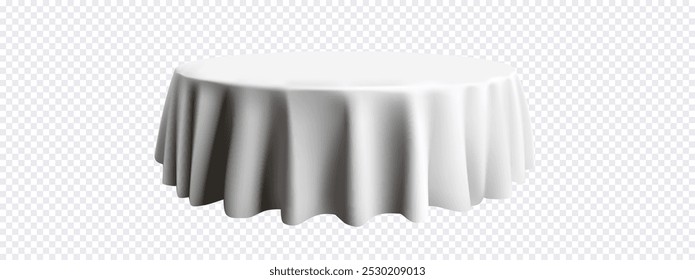 Ilustración vectorial 3D de una mesa redonda con un mantel blanco, aislado sobre un fondo transparente. El mantel se cubre naturalmente sobre la mesa, creando pliegues realistas.