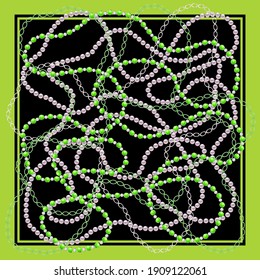 Ilustración vectorial 3d. Diseño de bufanda con joyas, perlas, cuentas verdes y cristales. 