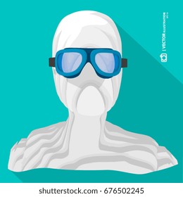 3D vector illustration, Sculpture - humanoid with waterproff glasses  on blue background