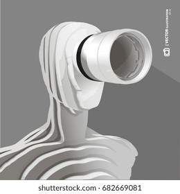 3D vector illustration, Sculpture - humanoid with camera lens on grey background