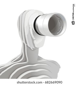 3D vector illustration, Sculpture - humanoid with camera lens on white background