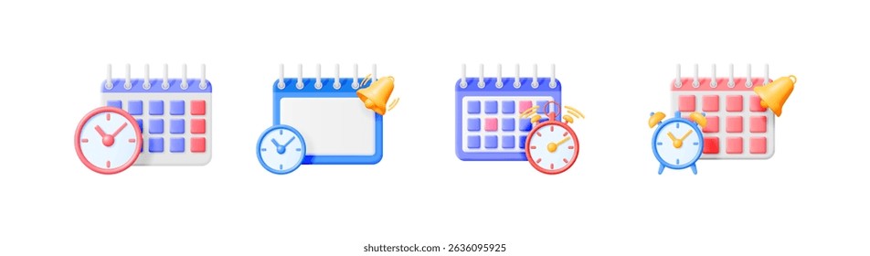 3d vector illustration set of appointment calendar with various clocks and bells. Schedule, time management concept.