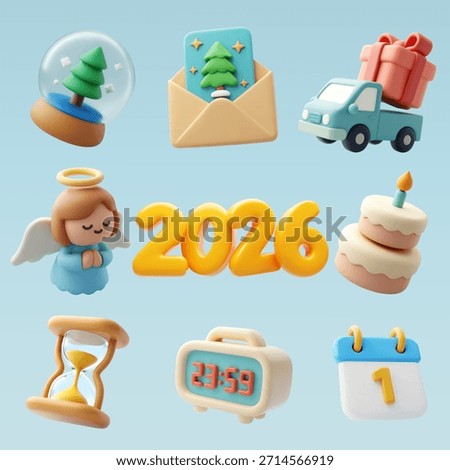 3D Vector illustration set celebrating Happy New Year 2026 with holiday elements including gifts, countdown clock, calendar, cake, angel, truck delivery, envelope, snow globe, and festive decorations. Suitable for holiday design, celebration, greeting, marketing, and seasonal content