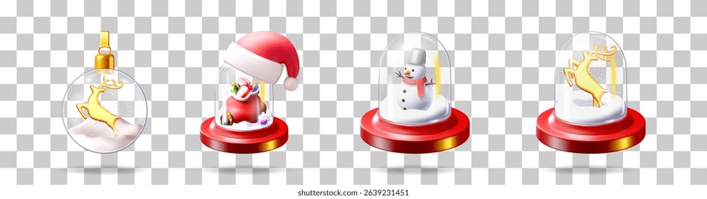 3D vector illustration set of Christmas snow globe decorations with deer, snowman, and Santa bag for holiday design.