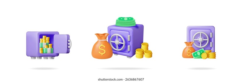 3d vector illustration set collection of a safe box, money bag, banknote, and coin. Bank finance investment loan deposit protection.