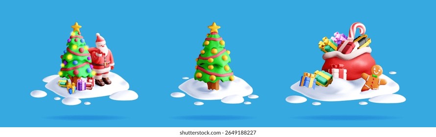 3D vector illustration set collection with Christmas tree, Santa and gift bag. Winter holiday concept for greeting card.