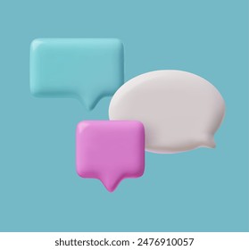 A 3D vector illustration of a set of colorful speech bubble icons in turquoise, pink, and white. Glossy, rounded speech bubbles represent diverse communication styles