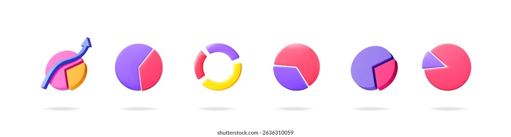 ilustração vetorial 3d conjunto de gráficos de pizza coloridos com um mostrando uma seta crescente para visualização de dados empresariais.