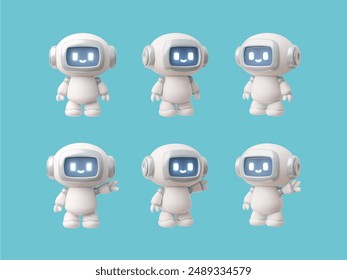 A 3D vector illustration set featuring six chatbot icons designed as adorable robots with expressive digital blue eyes. These chatbot icons are rendered in a friendly and approachable style