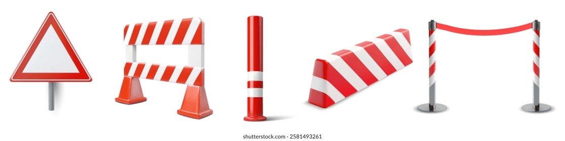 3D Vector illustration set featuring a blank triangular warning sign, red-and-white striped safety barriers, a bollard, and belt stanchion. Ideal for roadworks, crowd control, or event management. 