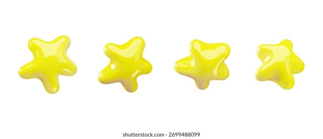 3D vector illustration set glossy yellow abstract stars with soft rounded shapes. Modern cute star icons isolated on white background.