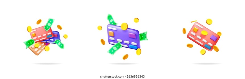 3d vector illustration set icon showing various floating credit cards with coins and money bills on a blank white background, financial transaction concept.