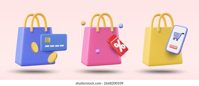 3D vector illustration of a set of icons: shopping bag, credit card, discount sign, mobile phone, shopping cart symbol, and BUY NOW sign. Online payment concept, promotion.