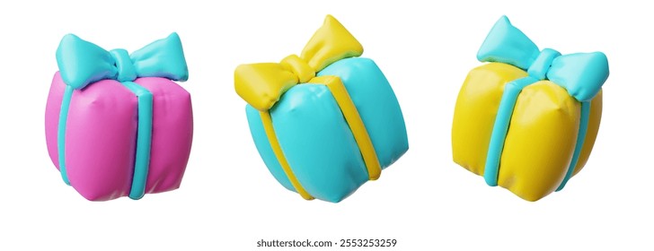 3D-Vektorgrafik eines Sets mit dem Bild von hellen aufblasbaren Geschenkboxen für Kinder, die mit Schleifen verbunden sind. Isolierte Symbole in den Farben Blau, Rosa und Gelb. Elemente für festliche Dekoration.